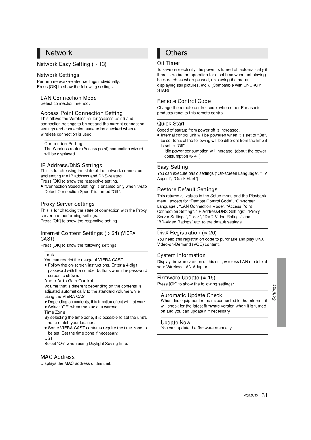 Panasonic DMP-BDT105 operating instructions Network, Others, Cast 