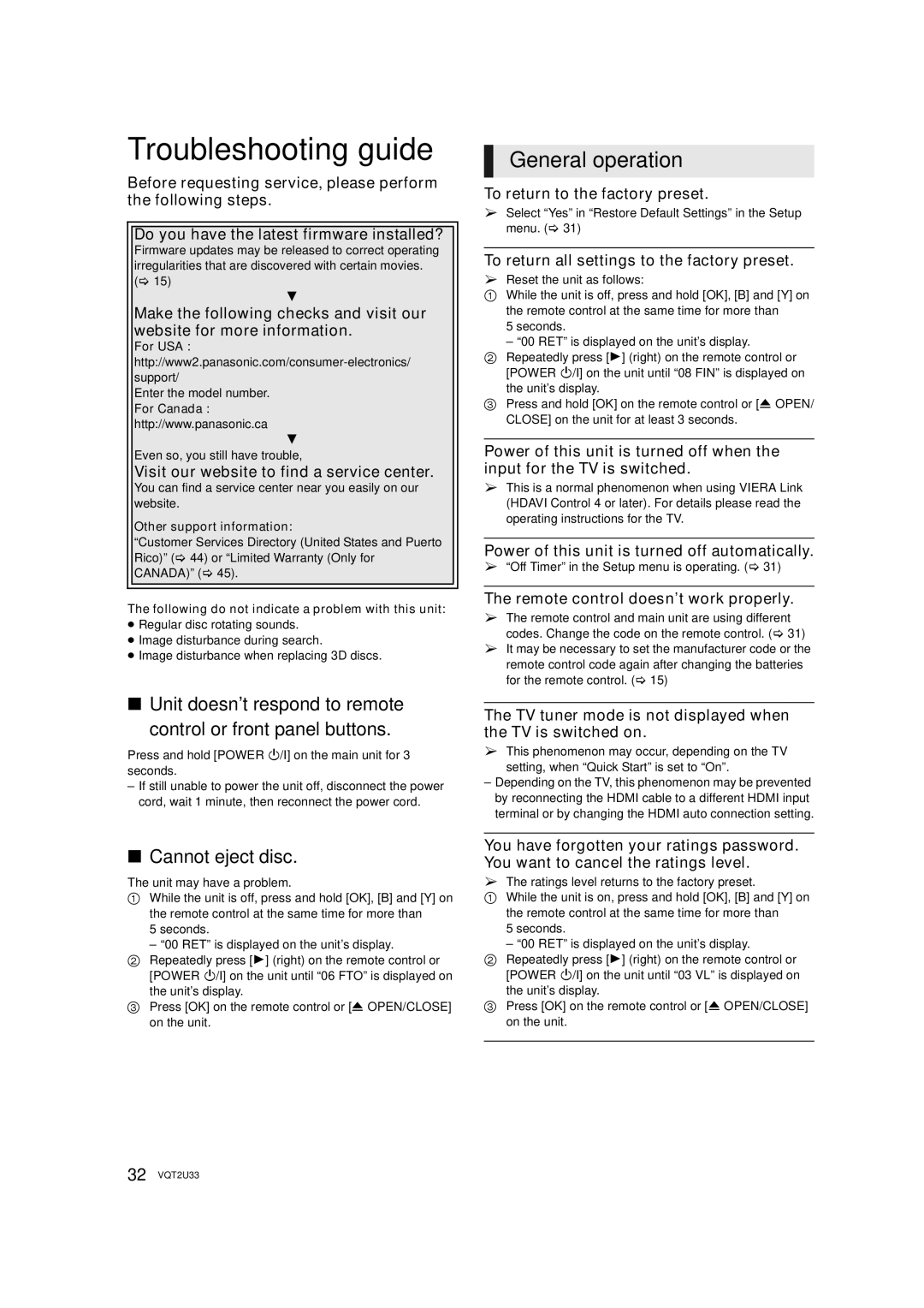 Panasonic DMP-BDT105 operating instructions Troubleshooting guide, General operation, Cannot eject disc 