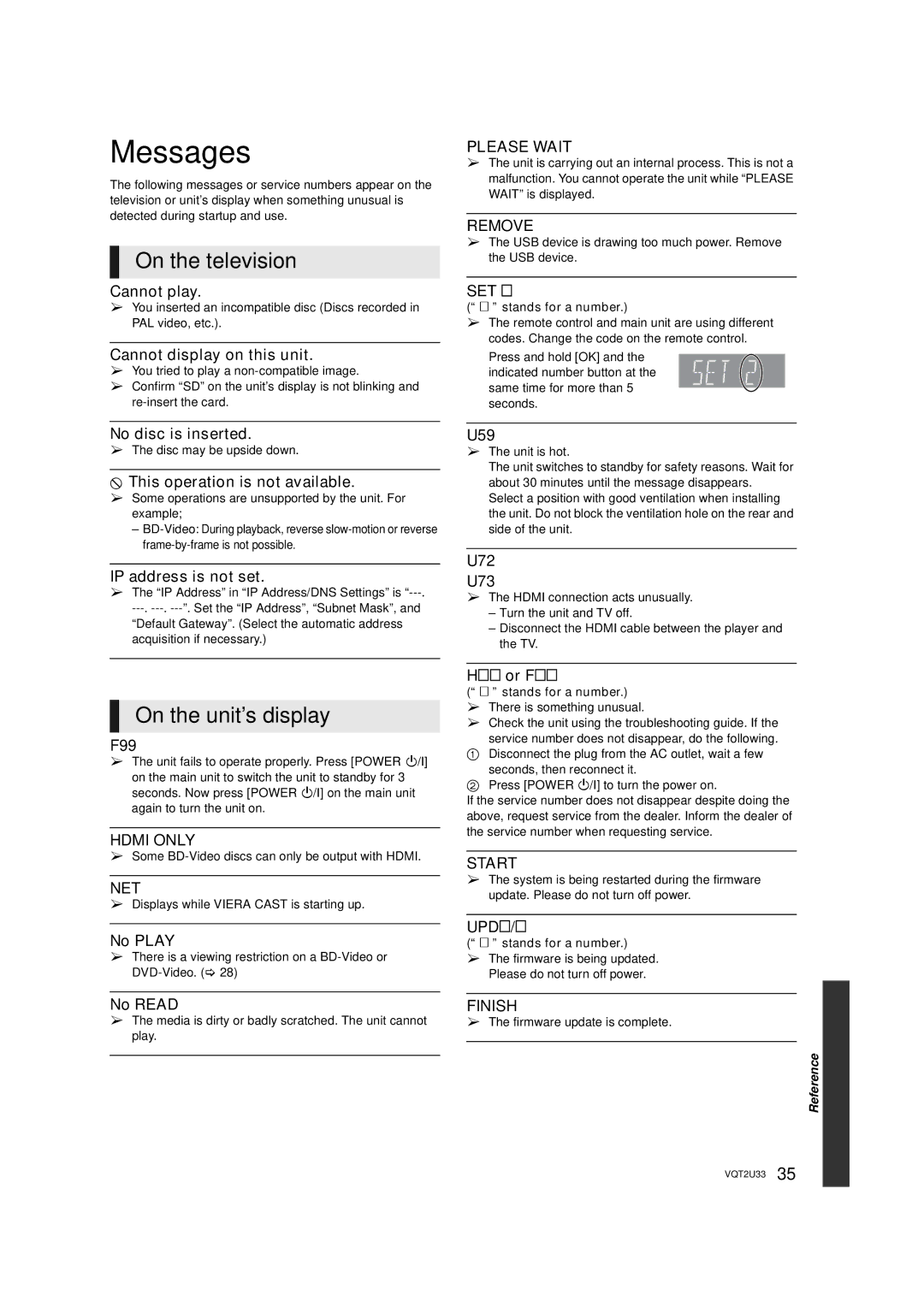 Panasonic DMP-BDT105 operating instructions Messages, On the television, On the unit’s display 