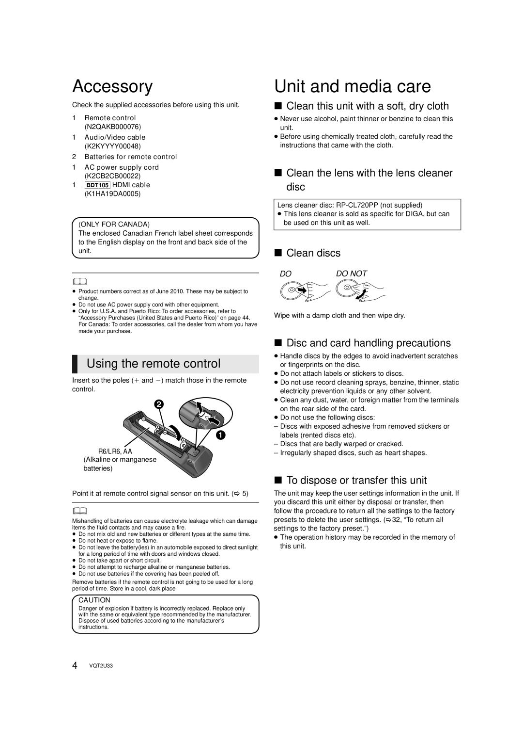 Panasonic DMP-BDT105 operating instructions Accessory, Unit and media care, Using the remote control 