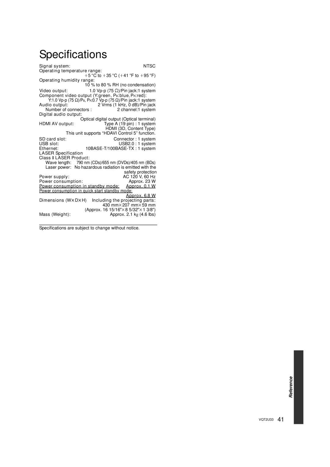 Panasonic DMP-BDT105 operating instructions Specifications 