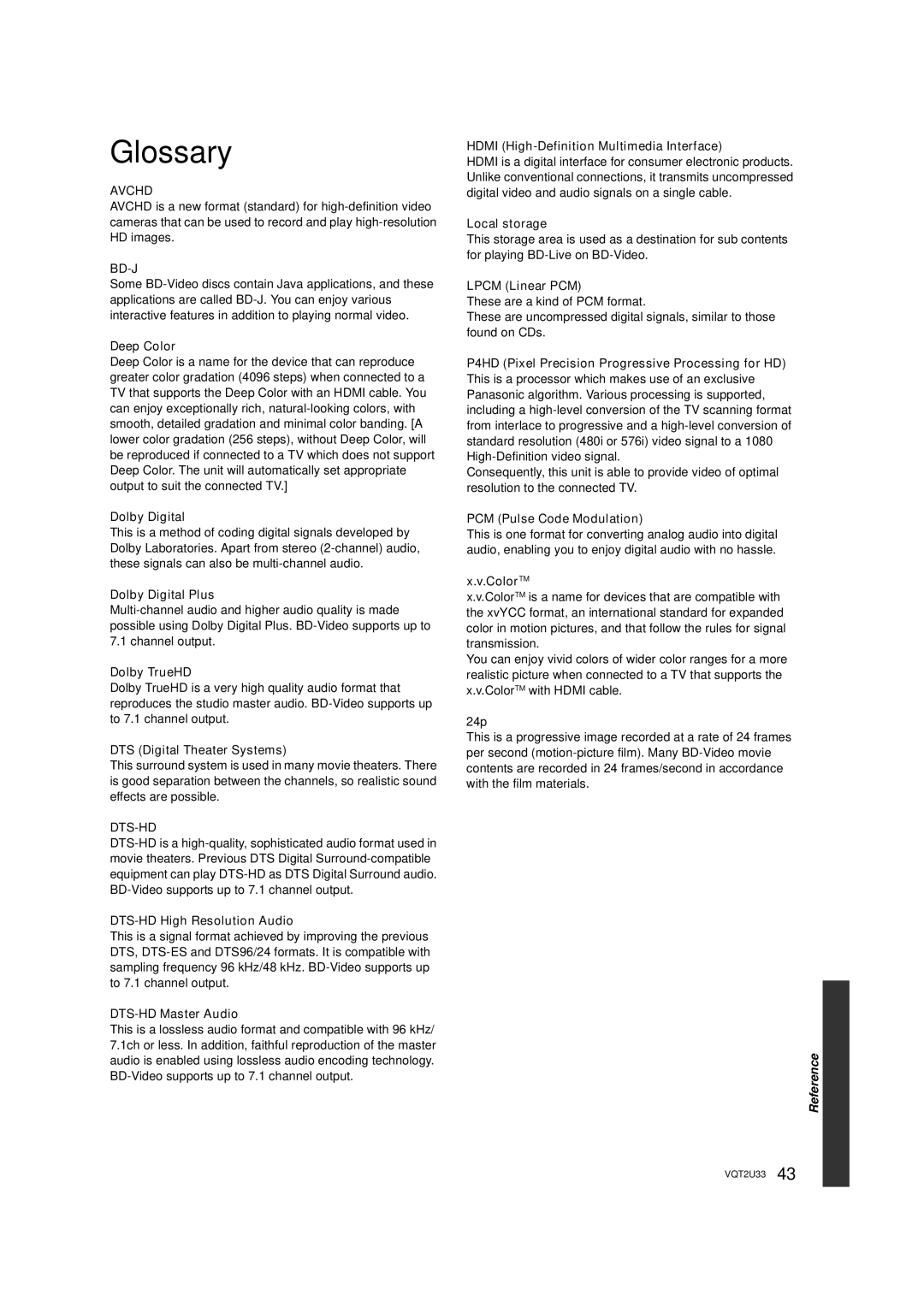 Panasonic DMP-BDT105 operating instructions Glossary 