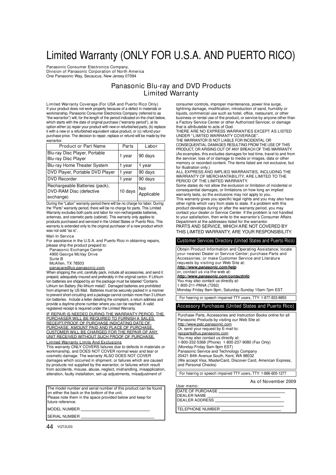 Panasonic DMP-BDT105 operating instructions Product or Part Name Parts Labor, As of November 