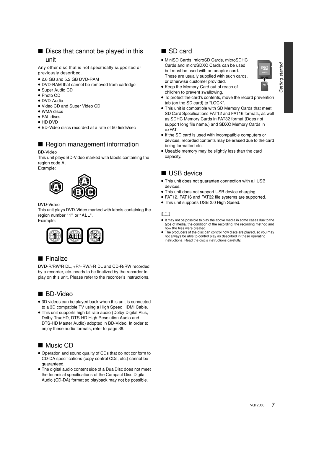 Panasonic DMP-BDT105 Discs that cannot be played in this Unit, Region management information, Finalize, BD-Video, Music CD 