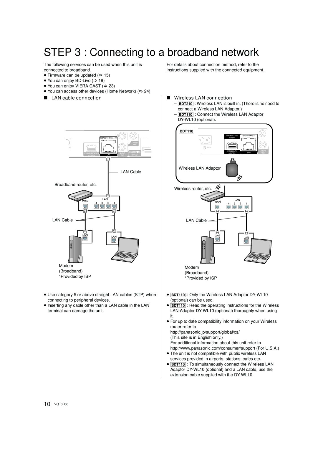 Panasonic DMP-BDT110, DMP-BDT210 Connecting to a broadband network, For details about connection method, refer to 