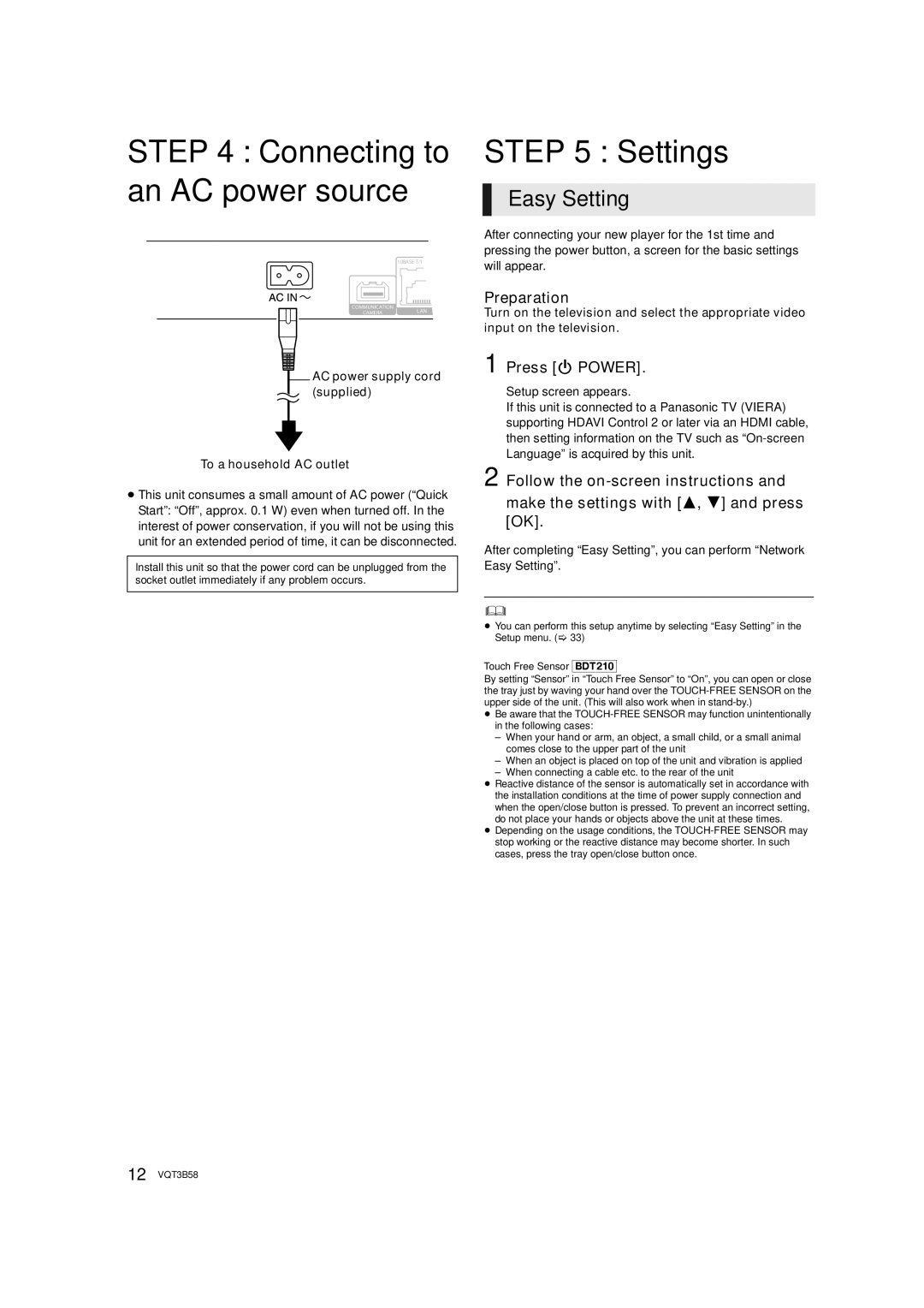 Panasonic DMP-BDT110, DMP-BDT210 Connecting to an AC power source, Settings, Easy Setting, Preparation, Press Í Power 