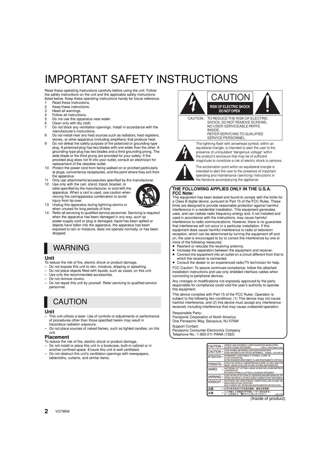 Panasonic DMP-BDT110, DMP-BDT210 owner manual Following Applies only in the U.S.A. FCC Note, Inside of product 