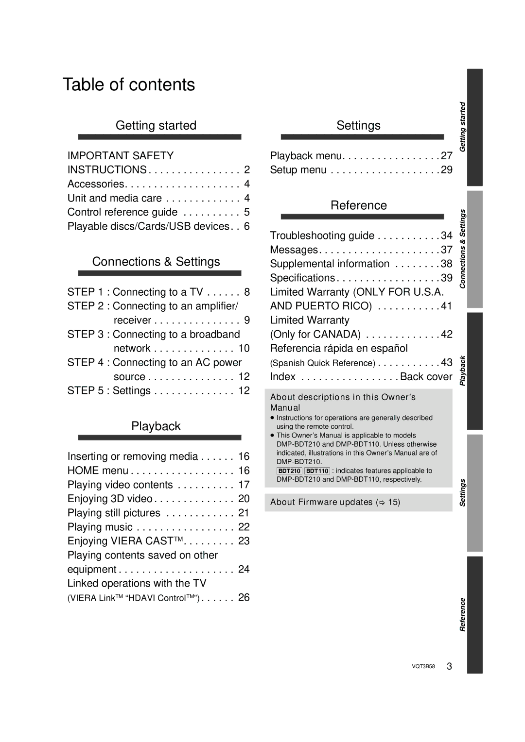 Panasonic DMP-BDT210, DMP-BDT110 owner manual Table of contents 