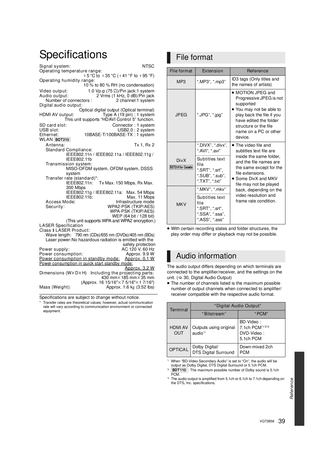 Panasonic DMP-BDT210, DMP-BDT110 owner manual Specifications, File format, Audio information 