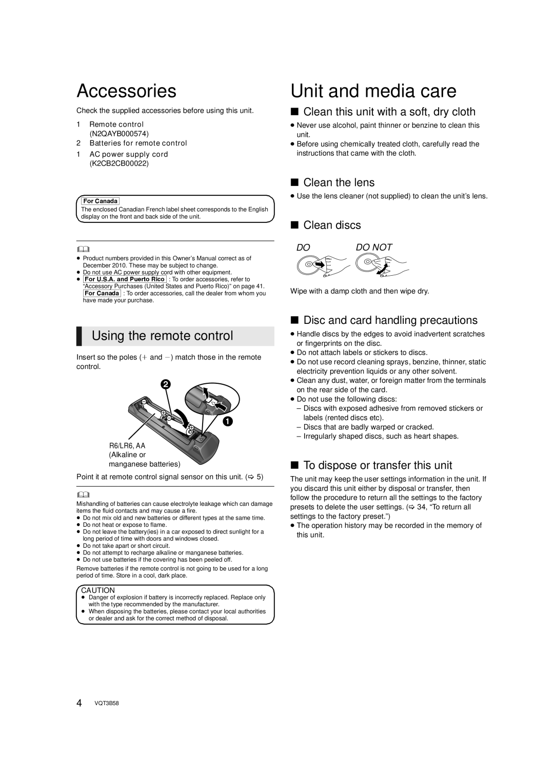 Panasonic DMP-BDT110, DMP-BDT210 owner manual Accessories, Unit and media care, Using the remote control 