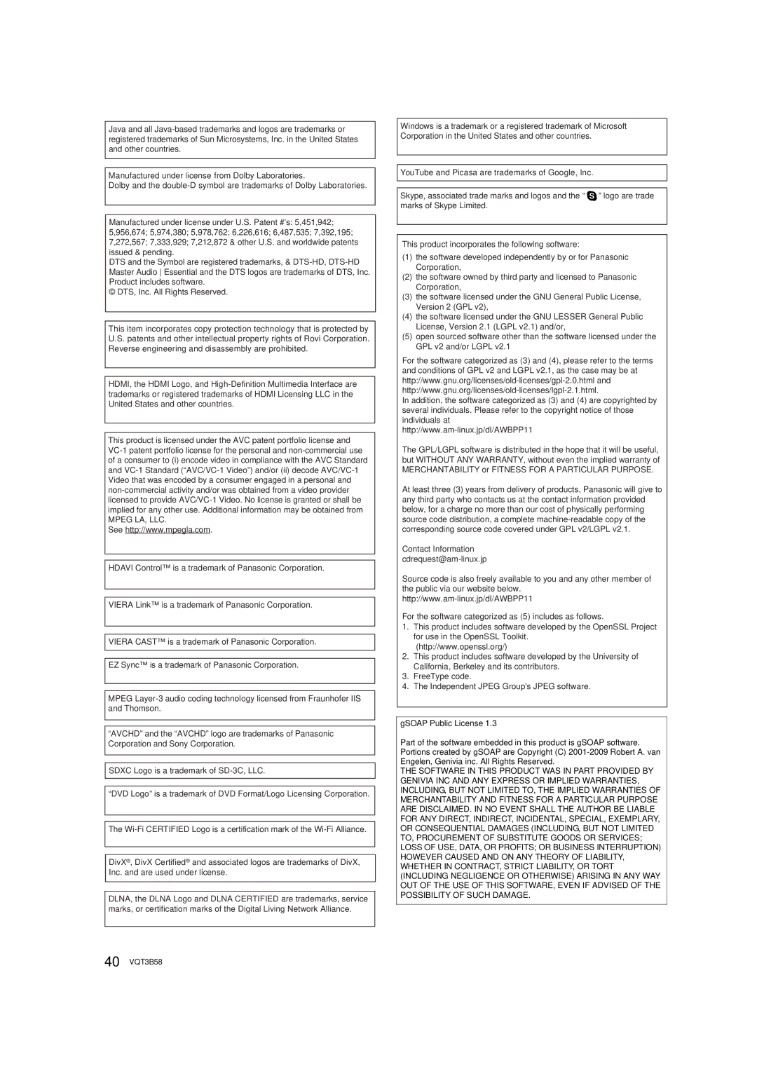 Panasonic DMP-BDT110, DMP-BDT210 owner manual 40 VQT3B58 