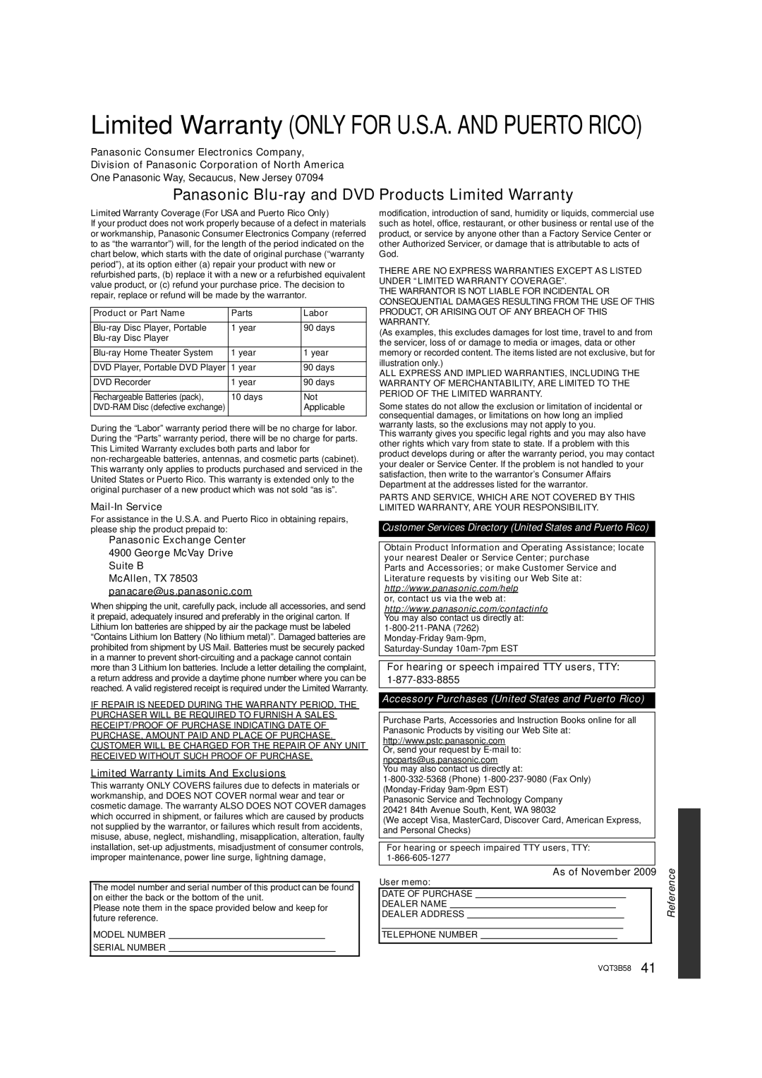 Panasonic DMP-BDT210, DMP-BDT110 Mail-In Service, Panasonic Exchange Center George McVay Drive Suite B, As of November 