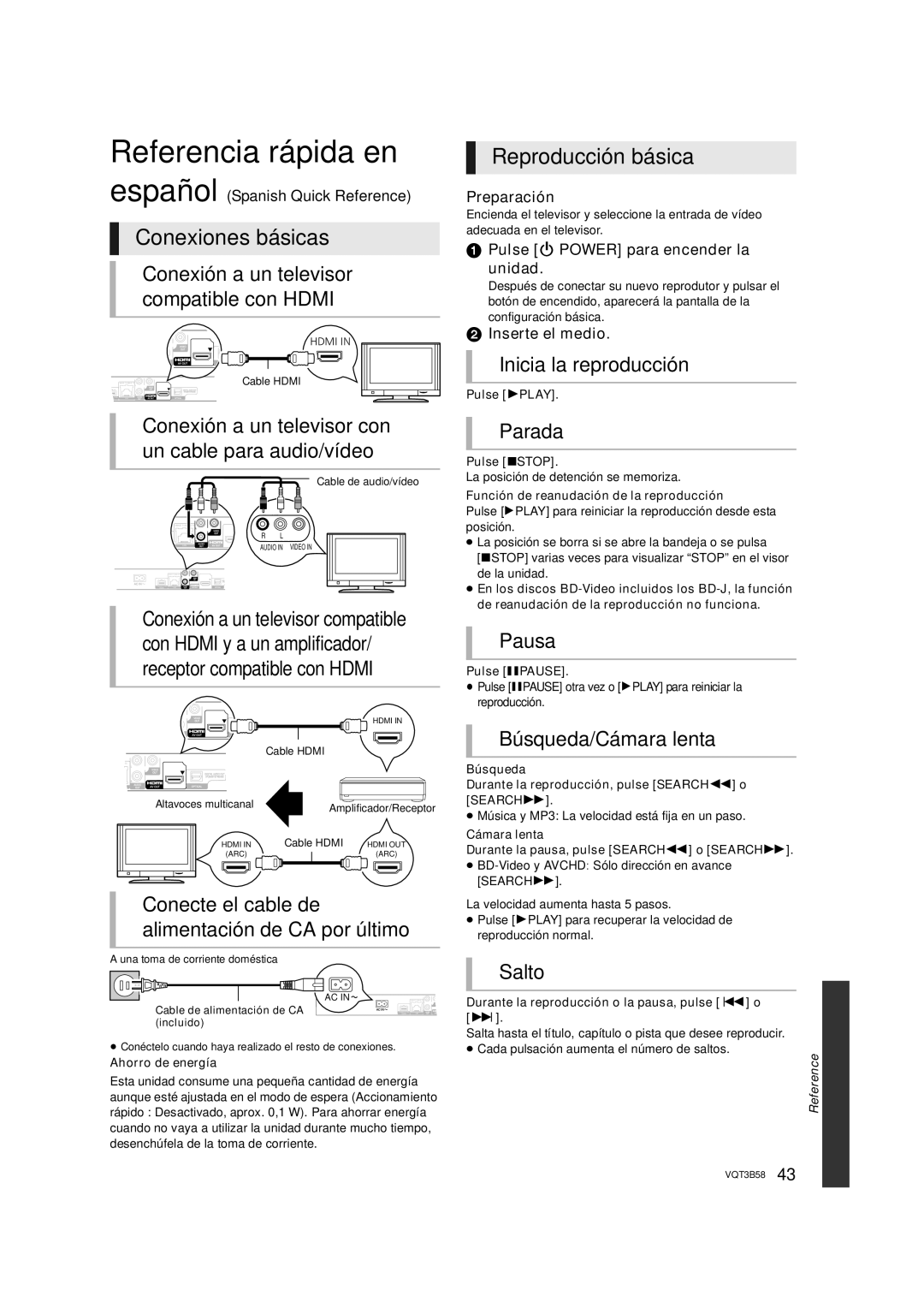 Panasonic DMP-BDT210, DMP-BDT110 owner manual Referencia rápida en, Conexiones básicas, Reproducción básica 