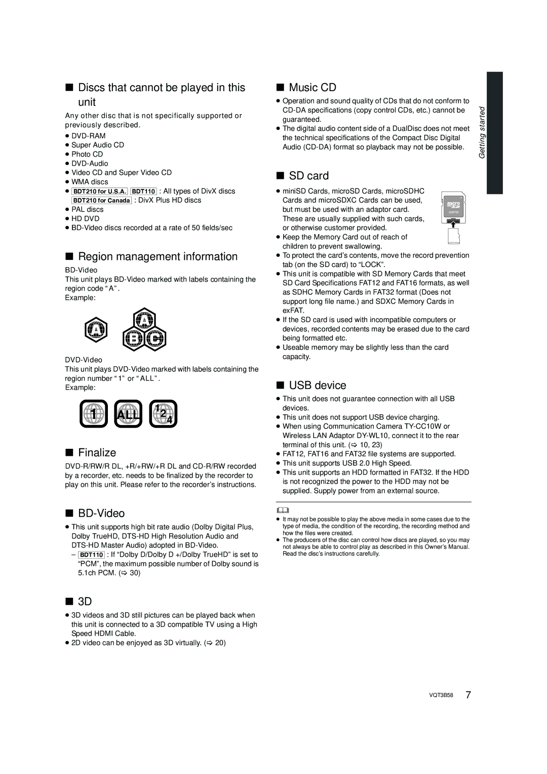 Panasonic DMP-BDT210 Discs that cannot be played in this Unit, Region management information, Finalize, BD-Video, Music CD 