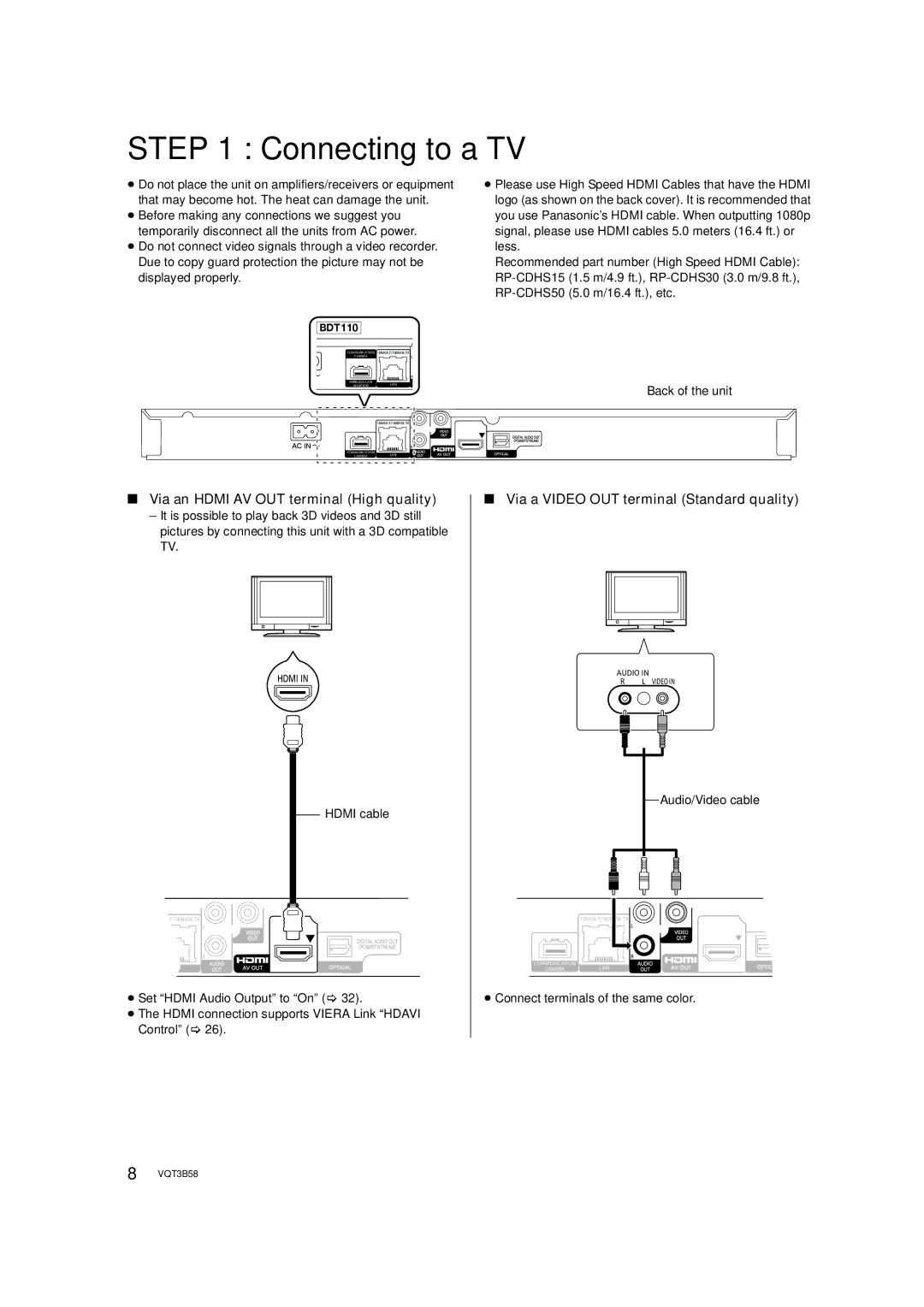 Panasonic DMP-BDT110, DMP-BDT210 Connecting to a TV, Hdmi cable, Audio/Video cable, ≥ Connect terminals of the same color 