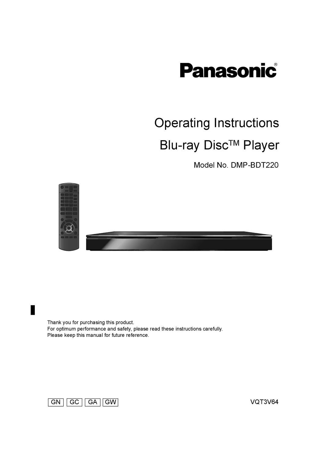 Panasonic DMP-BDT220 operating instructions Operating Instructions Blu-ray DiscTM Player 