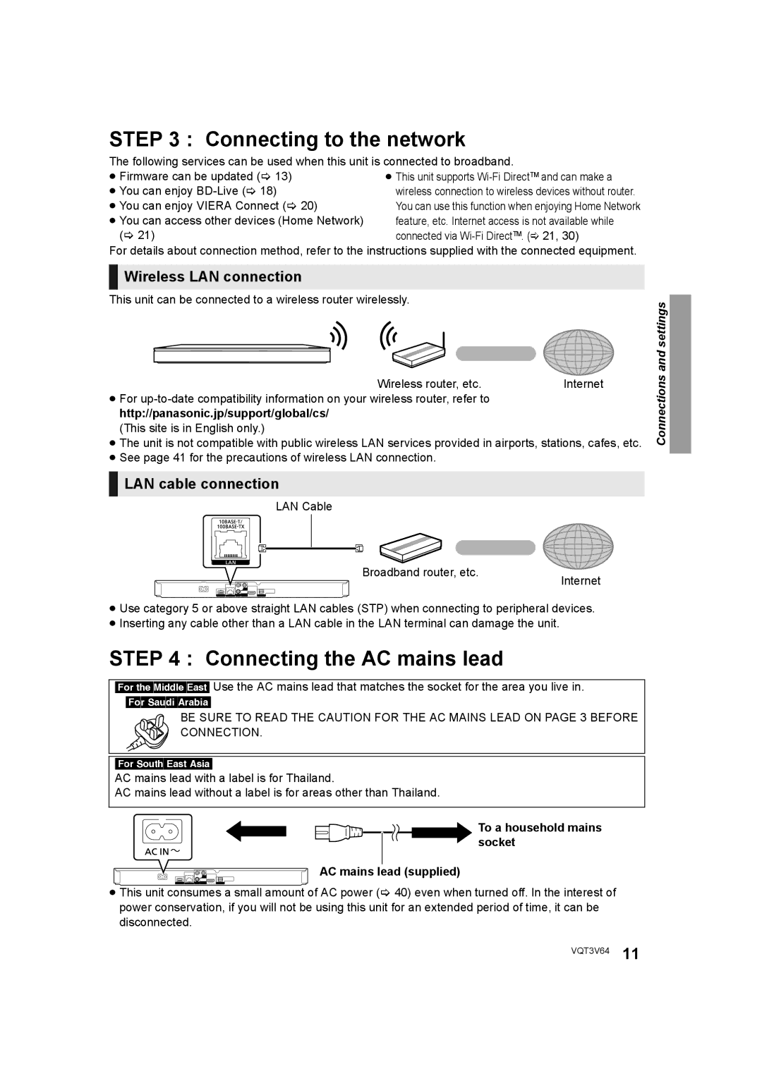 Panasonic DMP-BDT220 Connecting to the network, Connecting the AC mains lead, Wireless LAN connection 