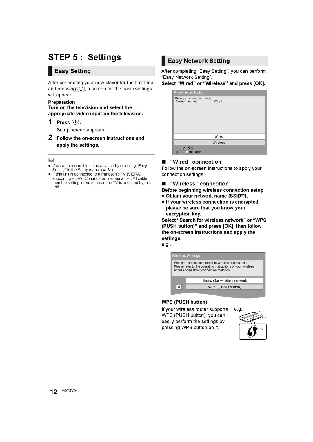 Panasonic DMP-BDT220 Settings, Easy Setting, Easy Network Setting, Wired connection, Wireless connection 