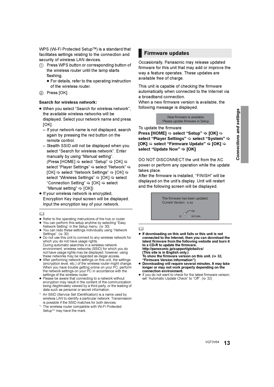 Panasonic DMP-BDT220 Firmware updates, Search for wireless network, To update the firmware, Select Update Now OK 