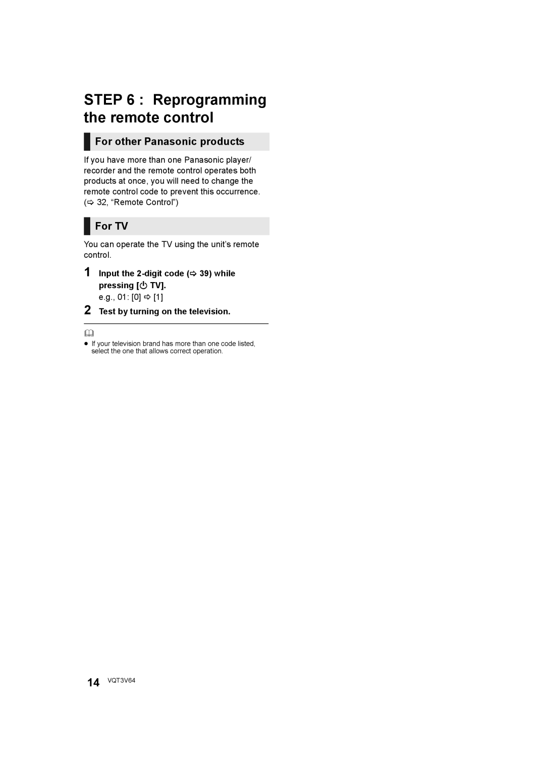 Panasonic DMP-BDT220 operating instructions Reprogramming the remote control, For other Panasonic products, For TV 