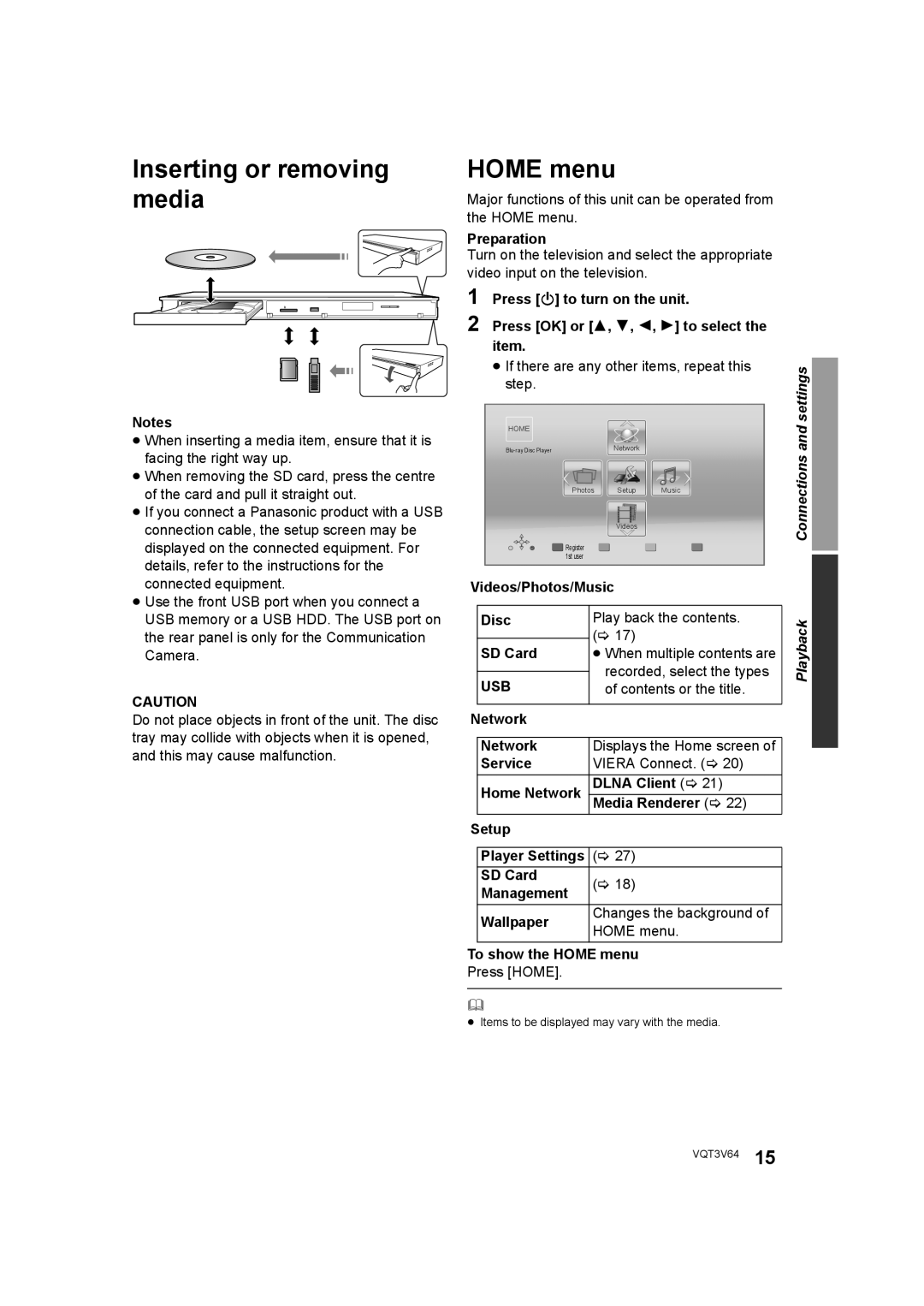 Panasonic DMP-BDT220 operating instructions Inserting or removing media, Home menu 