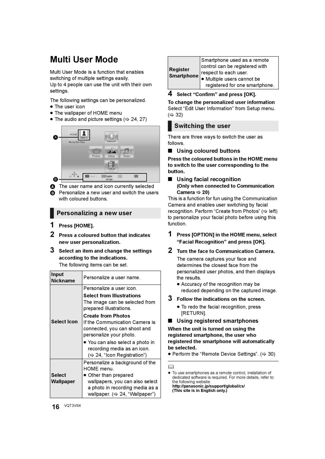 Panasonic DMP-BDT220 operating instructions Multi User Mode, Personalizing a new user, Switching the user 