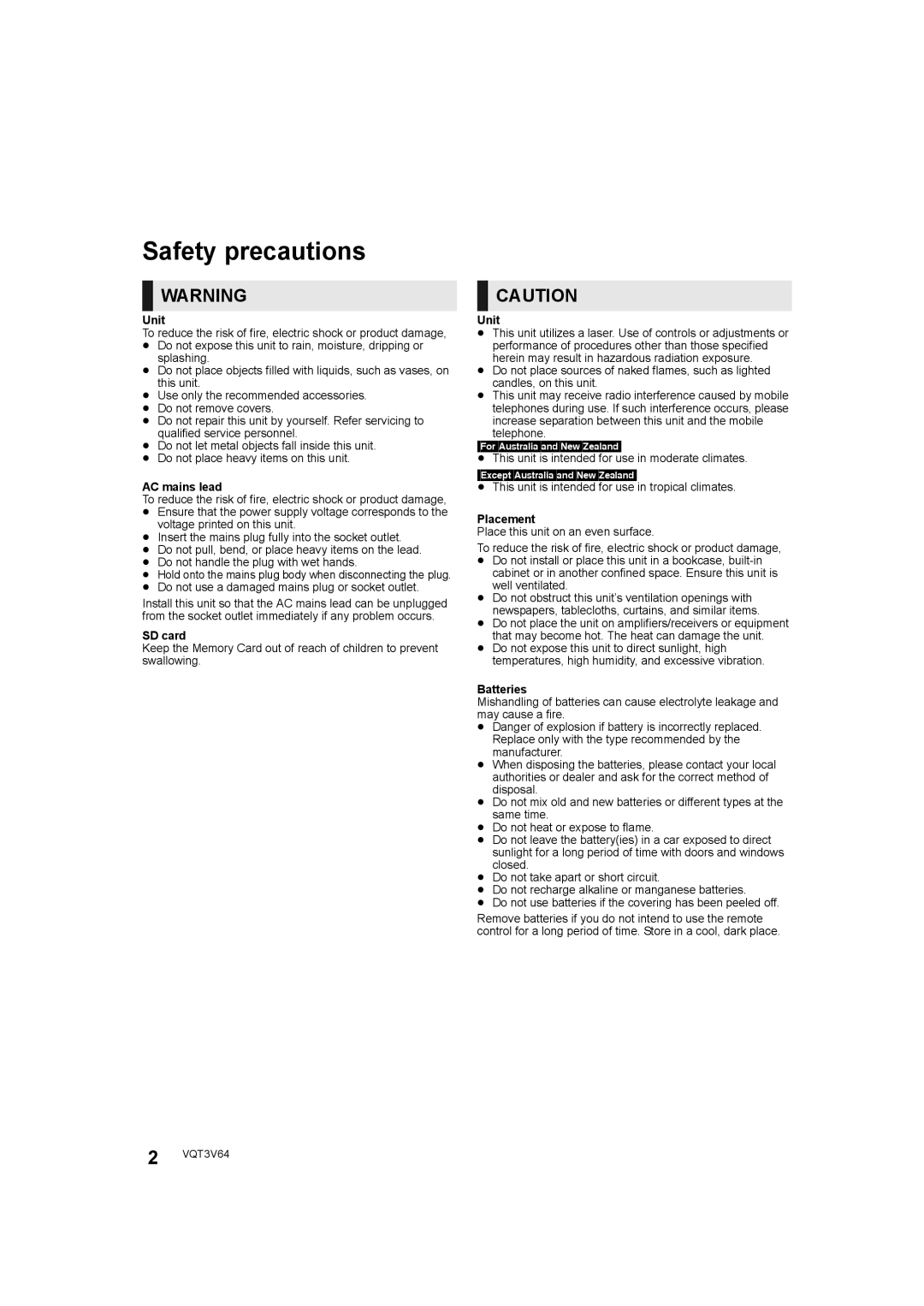 Panasonic DMP-BDT220 operating instructions Safety precautions, Unit 