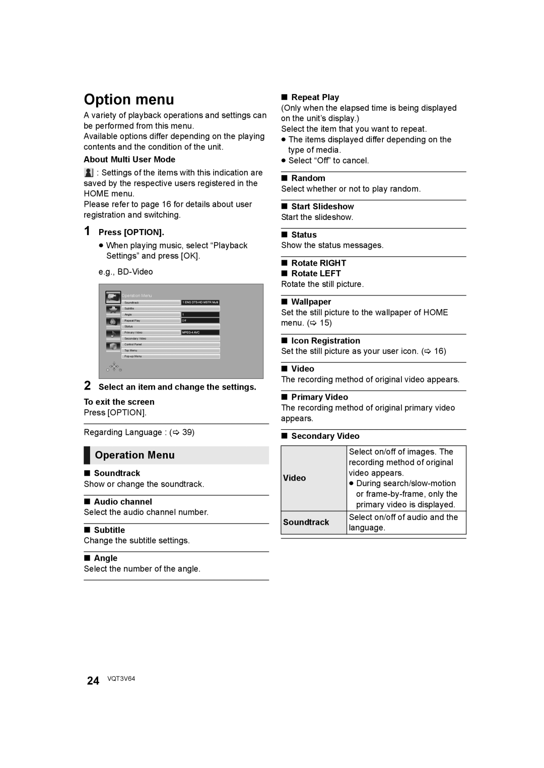 Panasonic DMP-BDT220 operating instructions Option menu, Operation Menu 