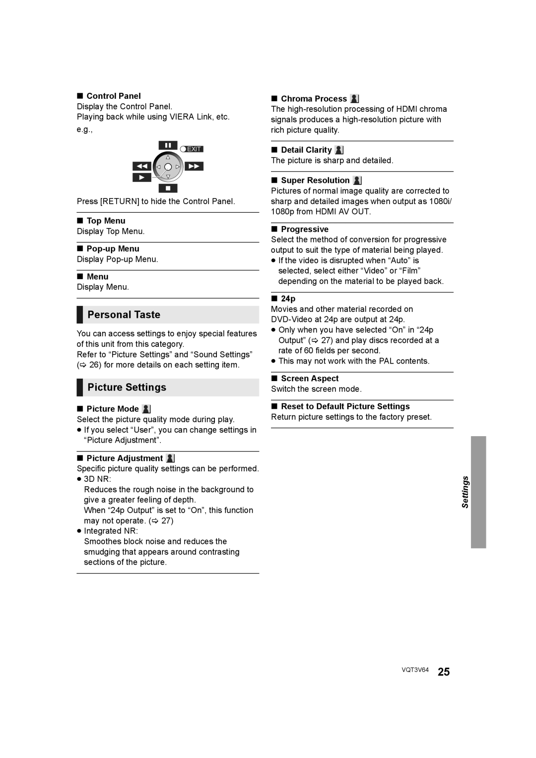 Panasonic DMP-BDT220 operating instructions Personal Taste, Picture Settings 