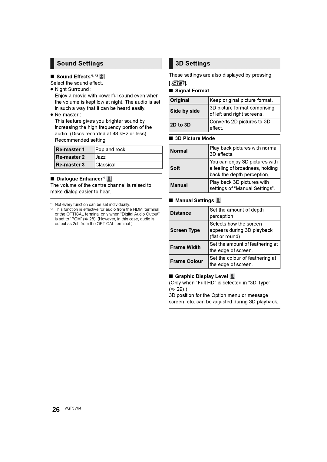 Panasonic DMP-BDT220 operating instructions Sound Settings, 3D Settings 