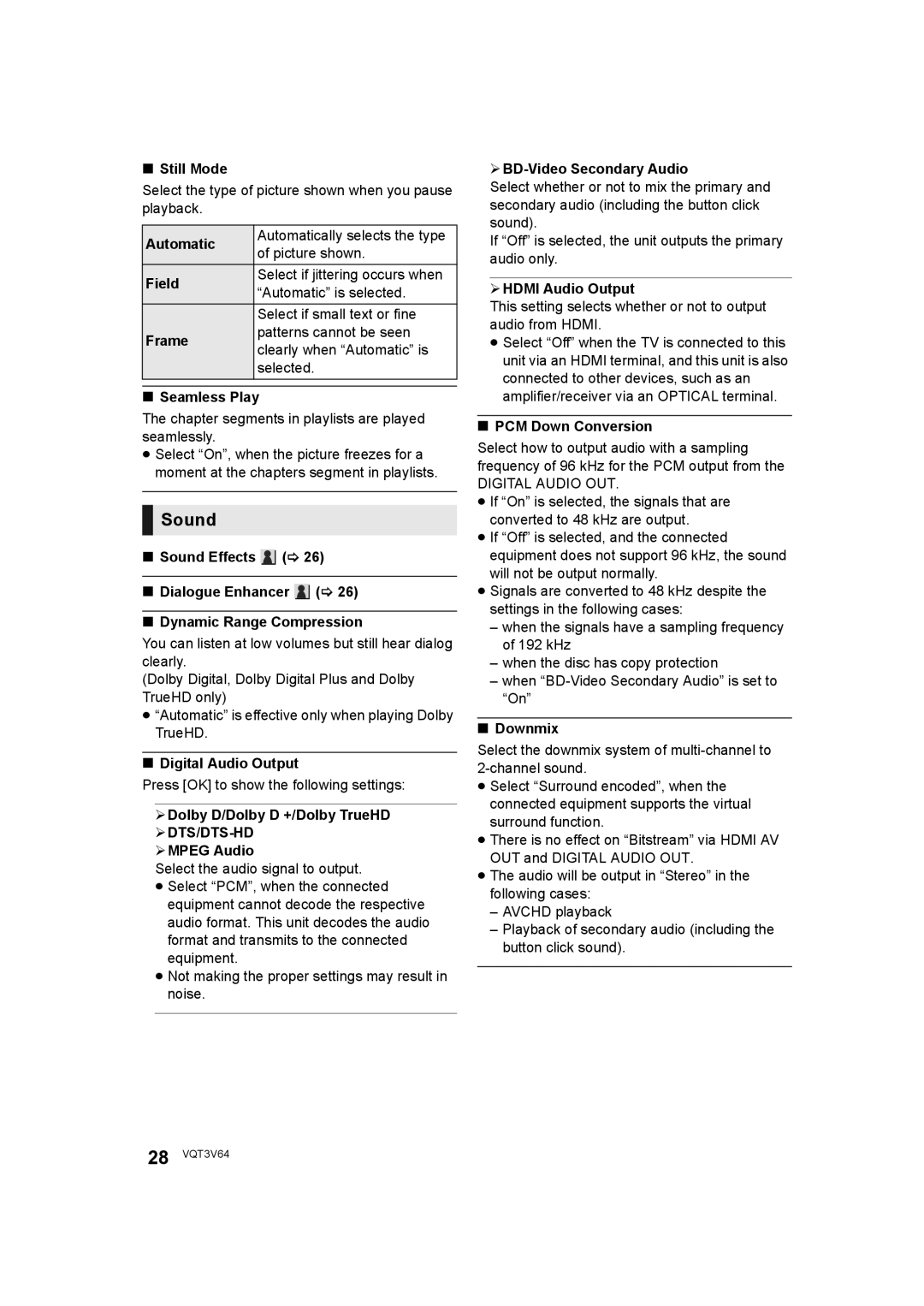 Panasonic DMP-BDT220 operating instructions Sound 