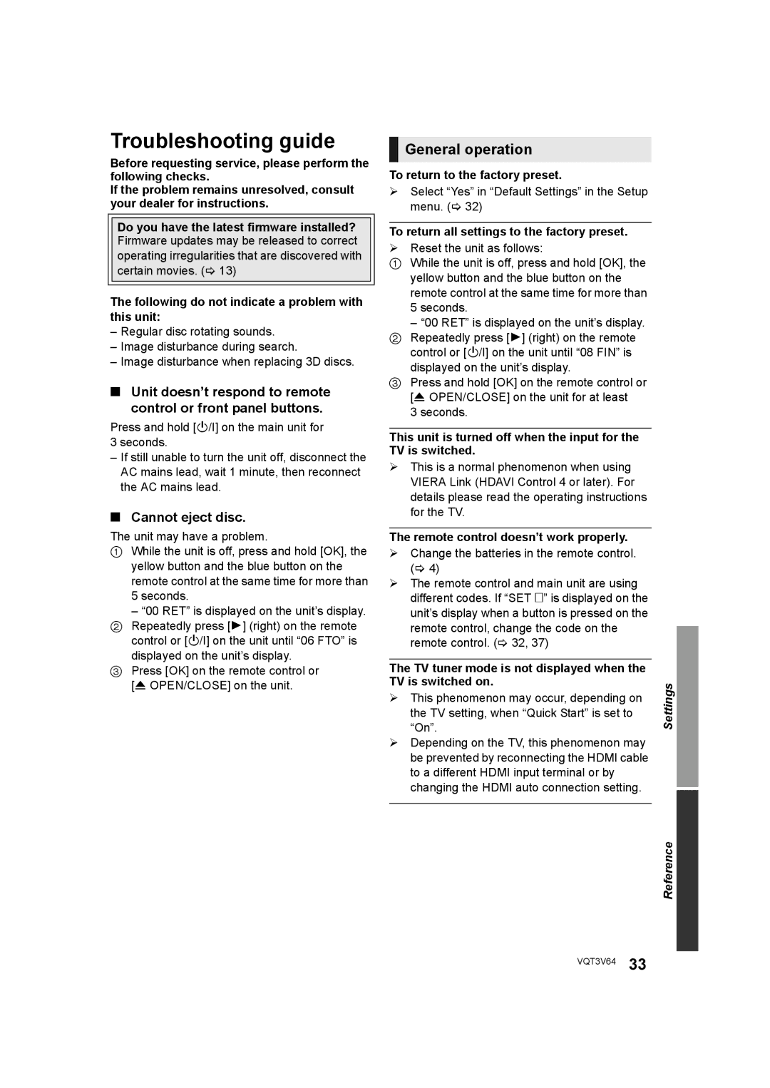 Panasonic DMP-BDT220 operating instructions Troubleshooting guide, General operation, Cannot eject disc 