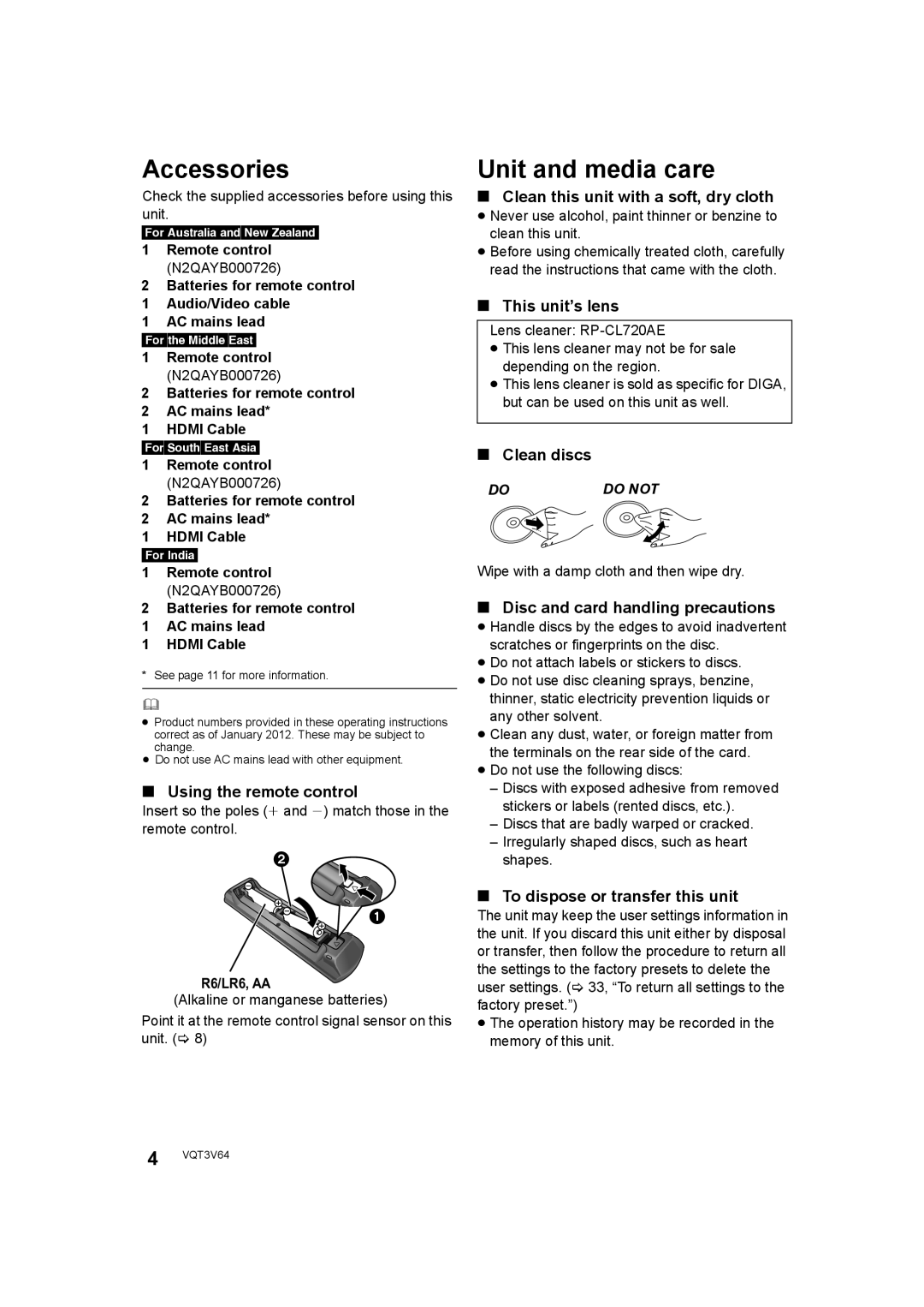 Panasonic DMP-BDT220 operating instructions Accessories, Unit and media care 