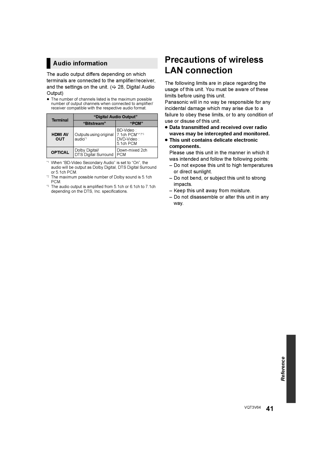 Panasonic DMP-BDT220 operating instructions Audio information, ≥ This unit contains delicate electronic components 