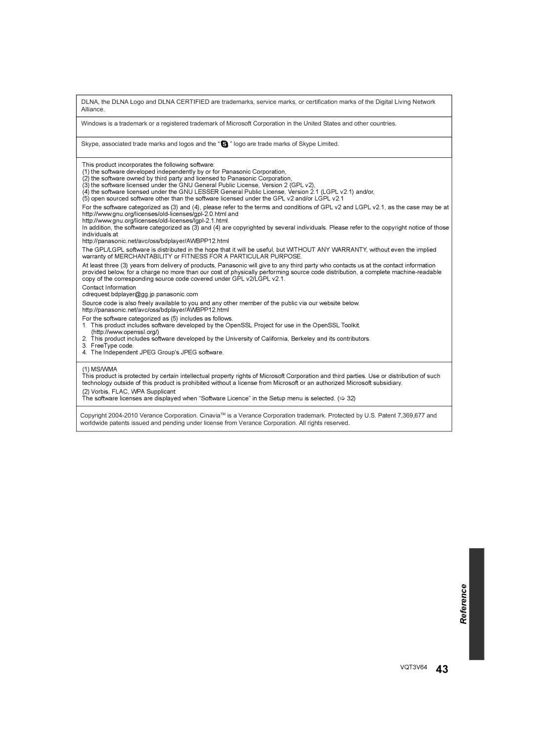 Panasonic DMP-BDT220 operating instructions Reference 