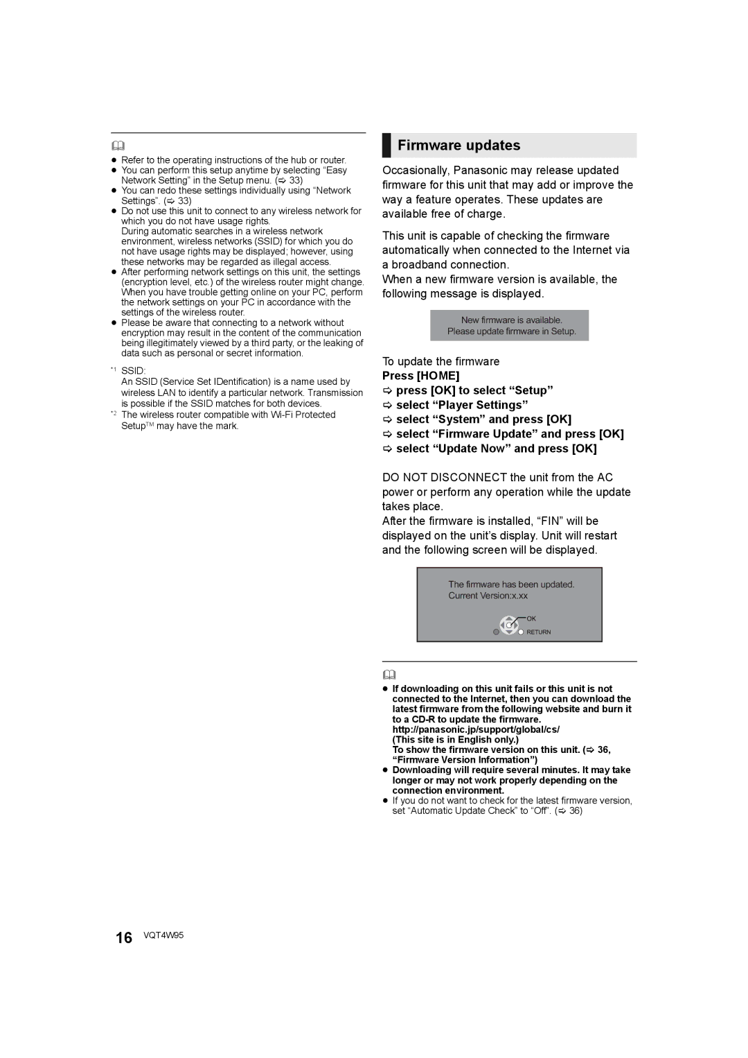 Panasonic DMP-BDT230, DMP-BDT330 operating instructions Firmware updates, Ssid 