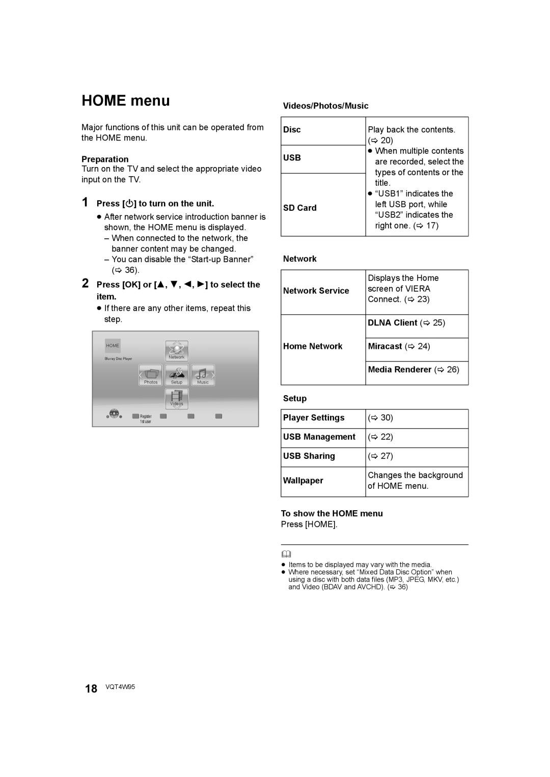 Panasonic DMP-BDT230, DMP-BDT330 operating instructions Home menu 