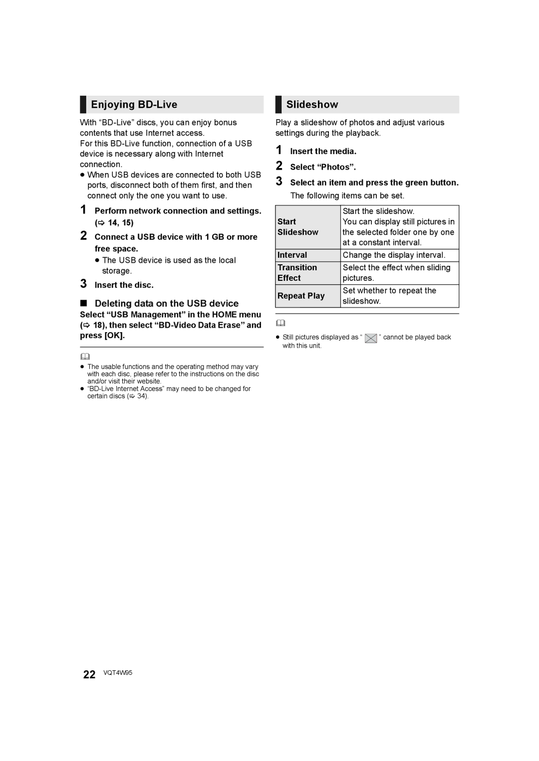 Panasonic DMP-BDT230, DMP-BDT330 operating instructions Enjoying BD-Live, Slideshow, Deleting data on the USB device 