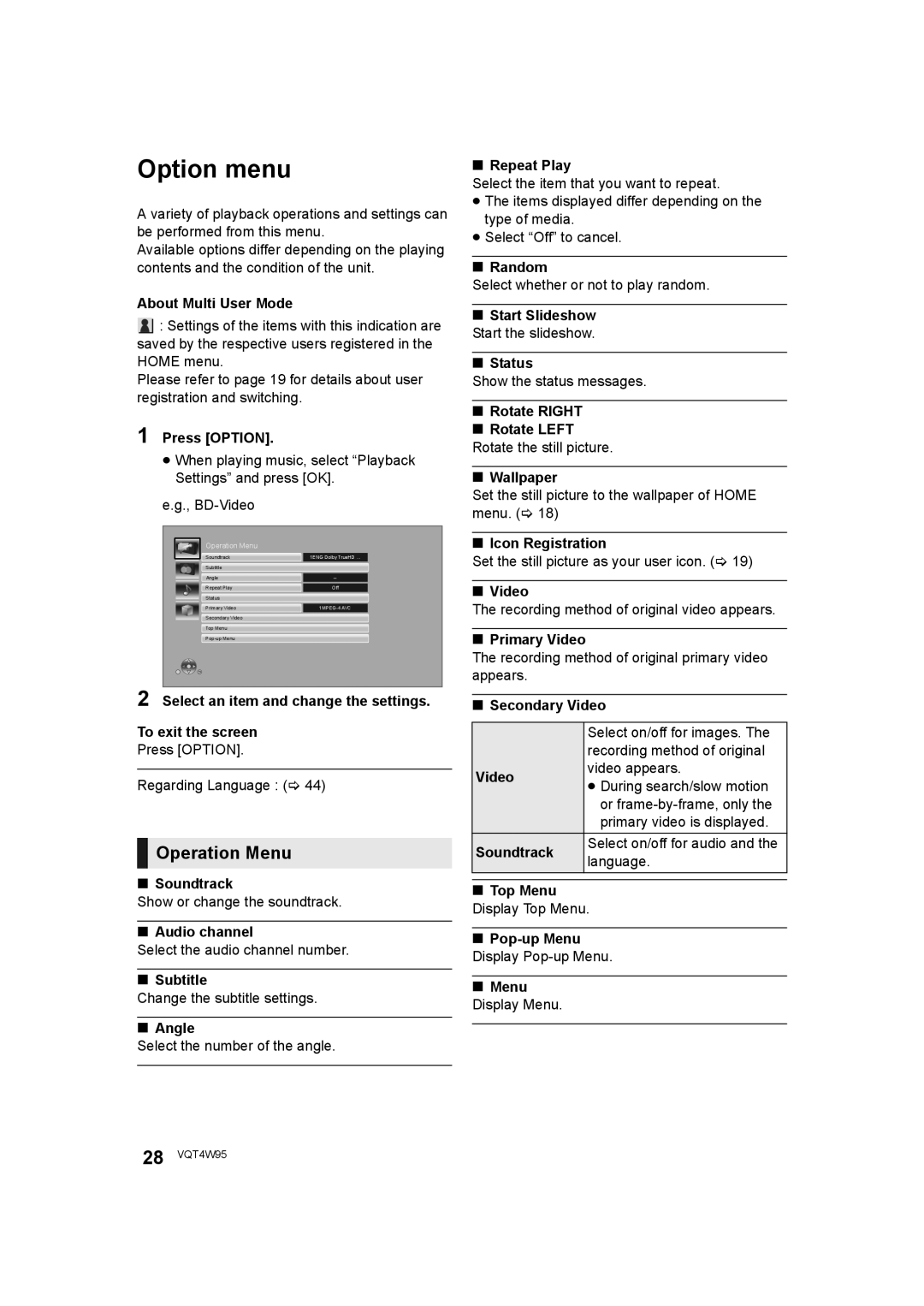 Panasonic DMP-BDT230, DMP-BDT330 operating instructions Option menu, Operation Menu 