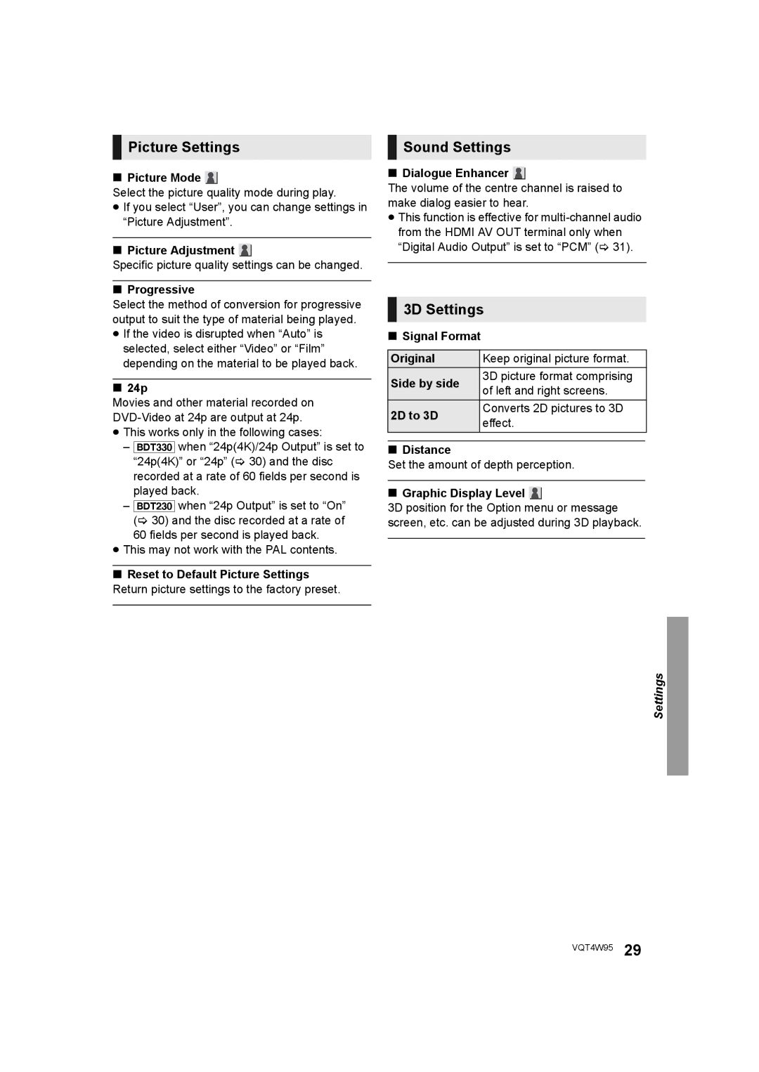 Panasonic DMP-BDT330, DMP-BDT230 operating instructions Picture Settings, Sound Settings, 3D Settings 