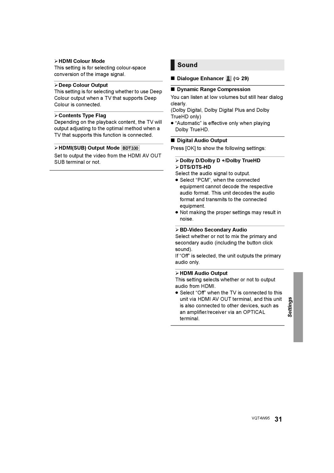 Panasonic DMP-BDT330, DMP-BDT230 operating instructions Sound 