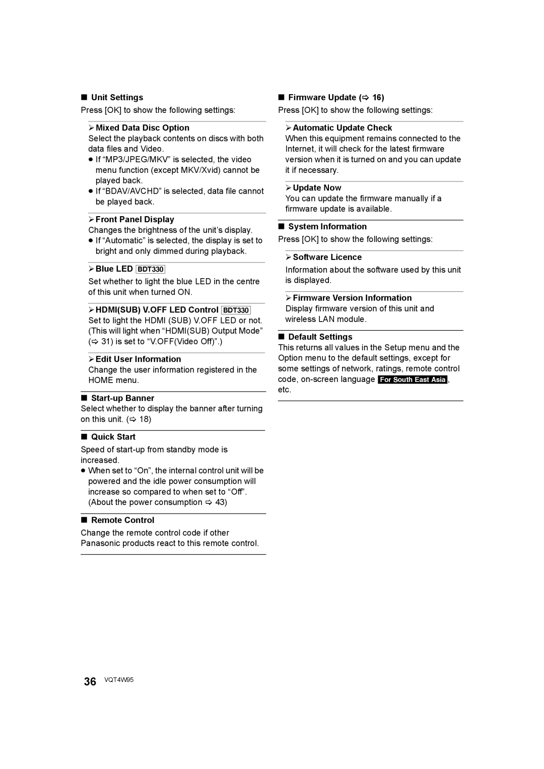 Panasonic DMP-BDT230 Unit Settings, ¾ Mixed Data Disc Option, ¾ Front Panel Display, ¾ Blue LED BDT330, Start-up Banner 