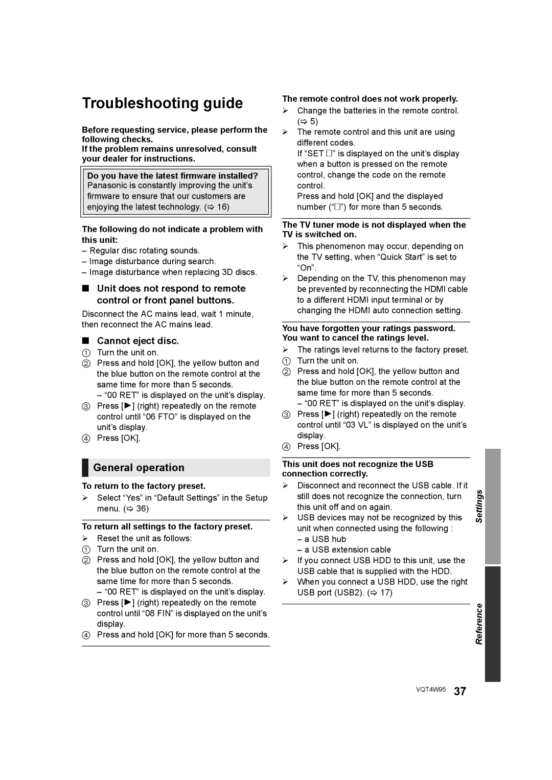 Panasonic DMP-BDT330, DMP-BDT230 operating instructions Troubleshooting guide, General operation, Cannot eject disc 