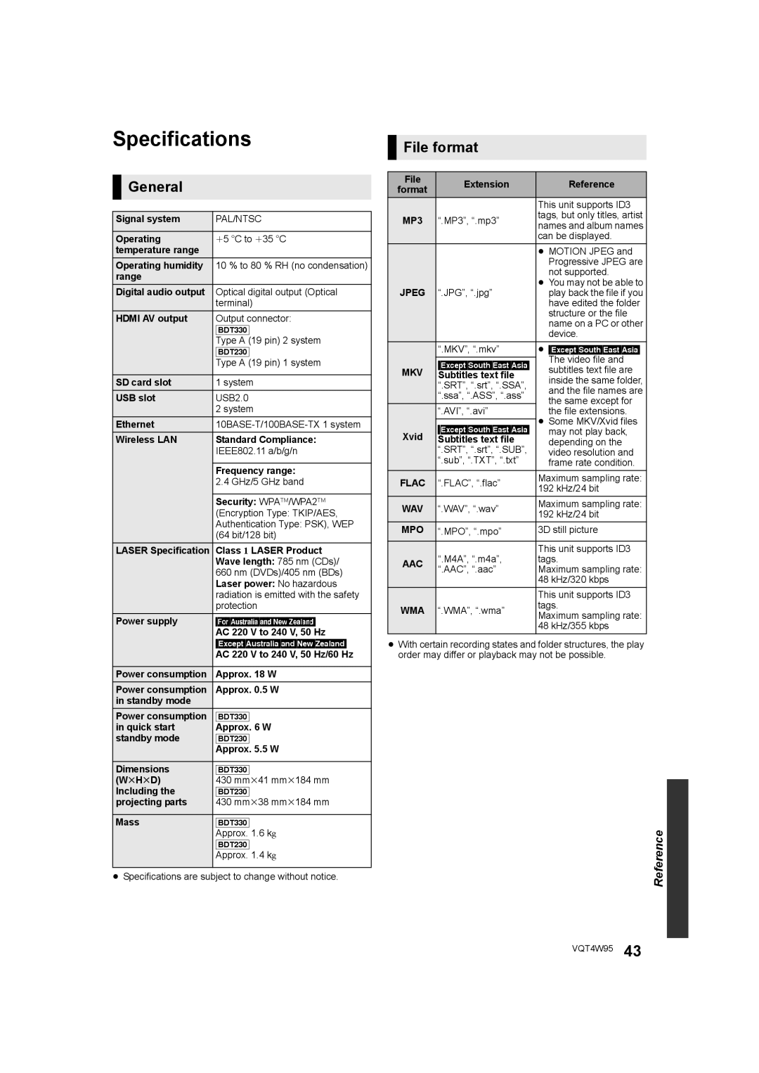 Panasonic DMP-BDT330, DMP-BDT230 operating instructions Specifications, General, File format 