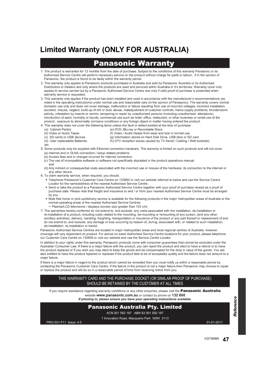 Panasonic DMP-BDT330, DMP-BDT230 operating instructions Limited Warranty only for Australia, Panasonic Warranty 