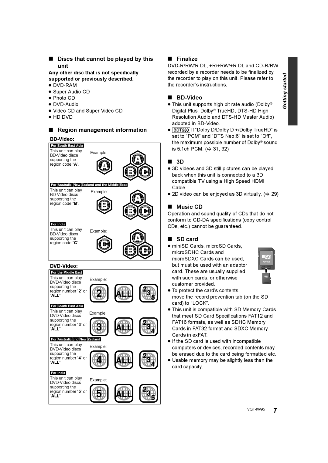 Panasonic DMP-BDT330 Discs that cannot be played by this Unit, Region management information, Finalize, BD-Video, Music CD 