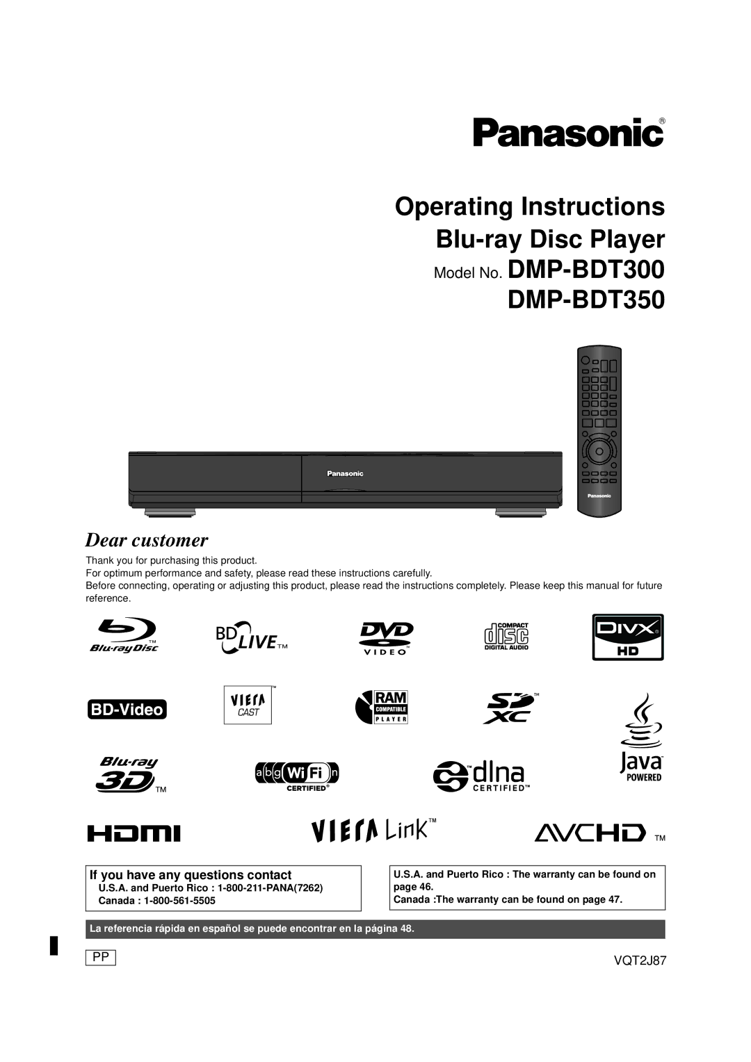 Panasonic DMP-BDT350 operating instructions Model No. DMP-BDT300, If you have any questions contact 