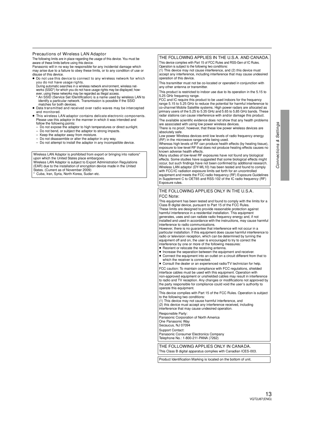 Panasonic DMP-BDT350, DMP-BDT300 Precautions of Wireless LAN Adaptor, Following Applies in the U.S.A. and Canada 