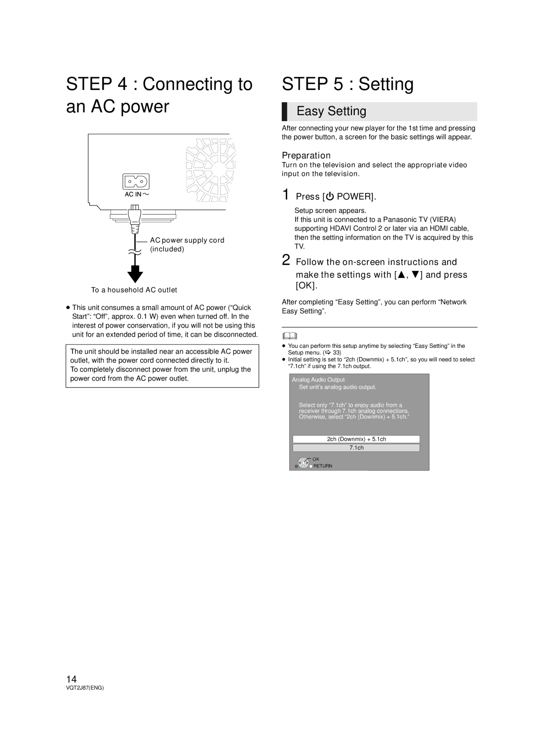 Panasonic DMP-BDT300, DMP-BDT350 Connecting to an AC power, Easy Setting, Preparation, Press Í Power 