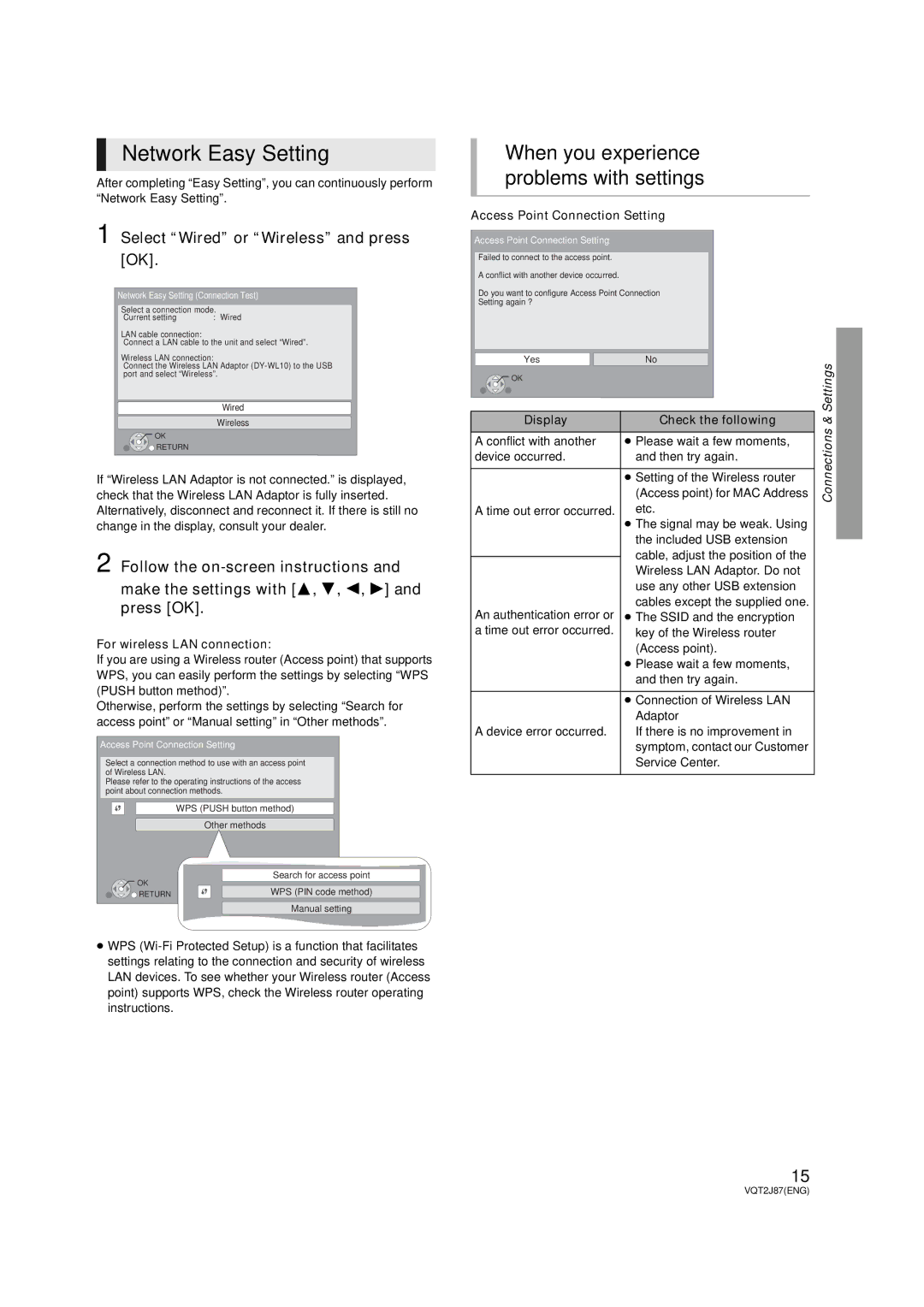 Panasonic DMP-BDT350, DMP-BDT300 Network Easy Setting, Select Wired or Wireless and press OK, For wireless LAN connection 